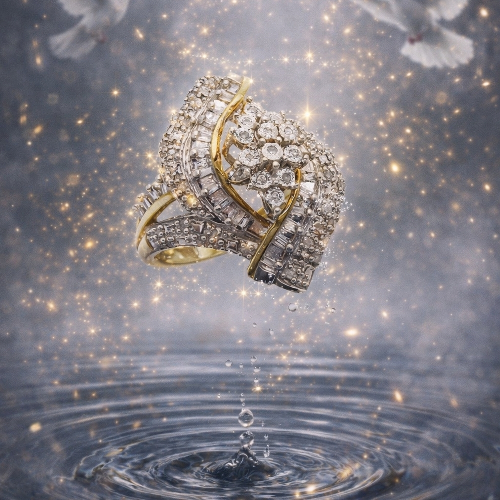 Genuine White Diamonds Signed JWBR Sterling Vermeil Two Tone Cocktail Ring